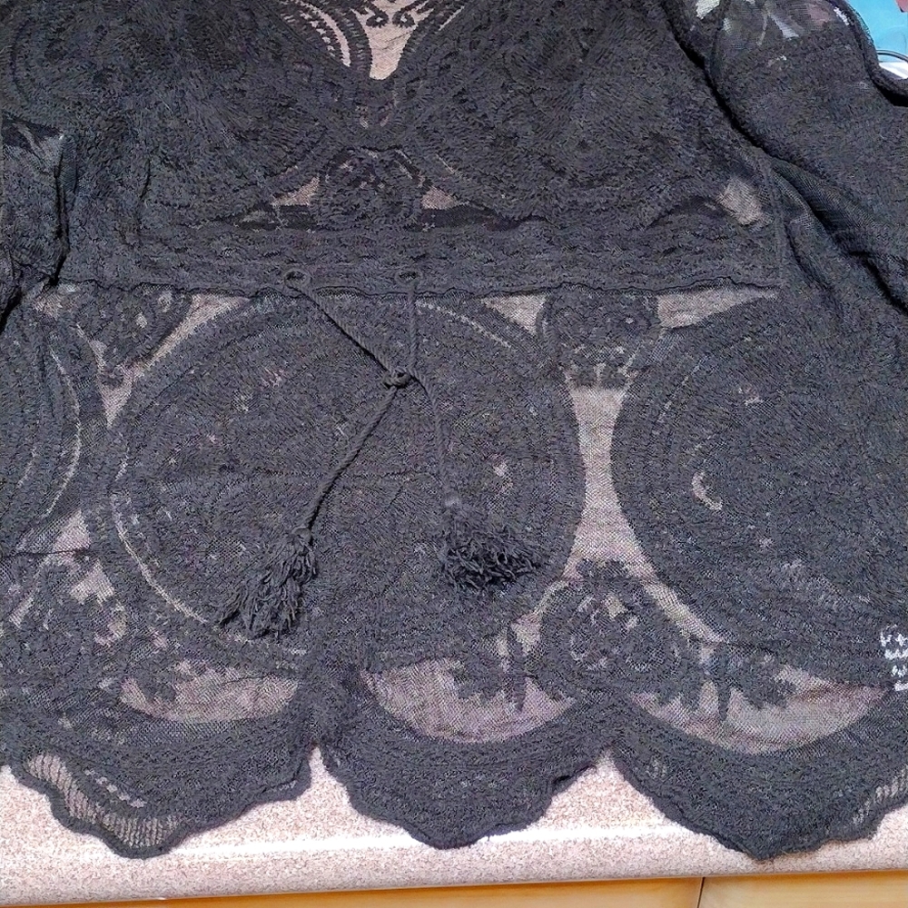 💥Black Stretchy Cotton Lace Batwing Top/ Swim Cover / Cover Up - Picture 13 of 16